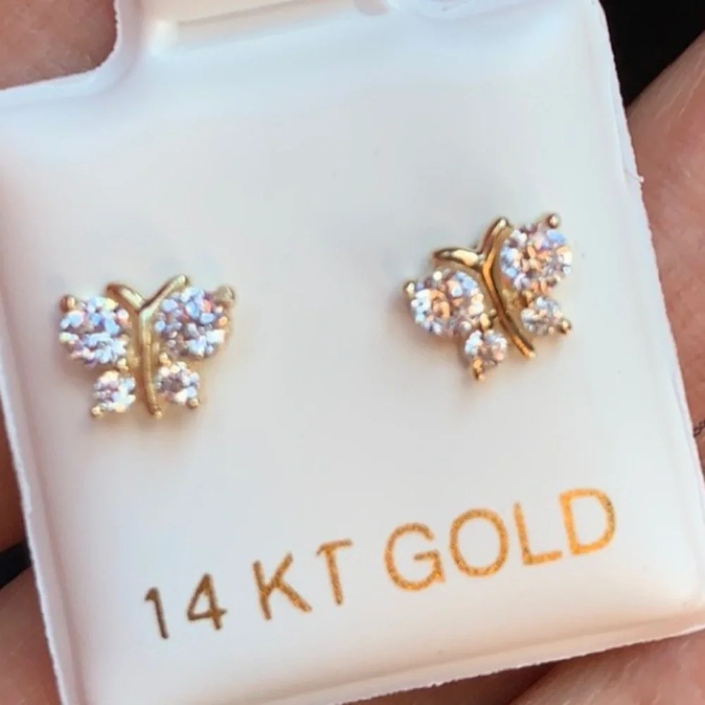 New 14k solid yellow Gold Butterfly Pink CZ Earrings